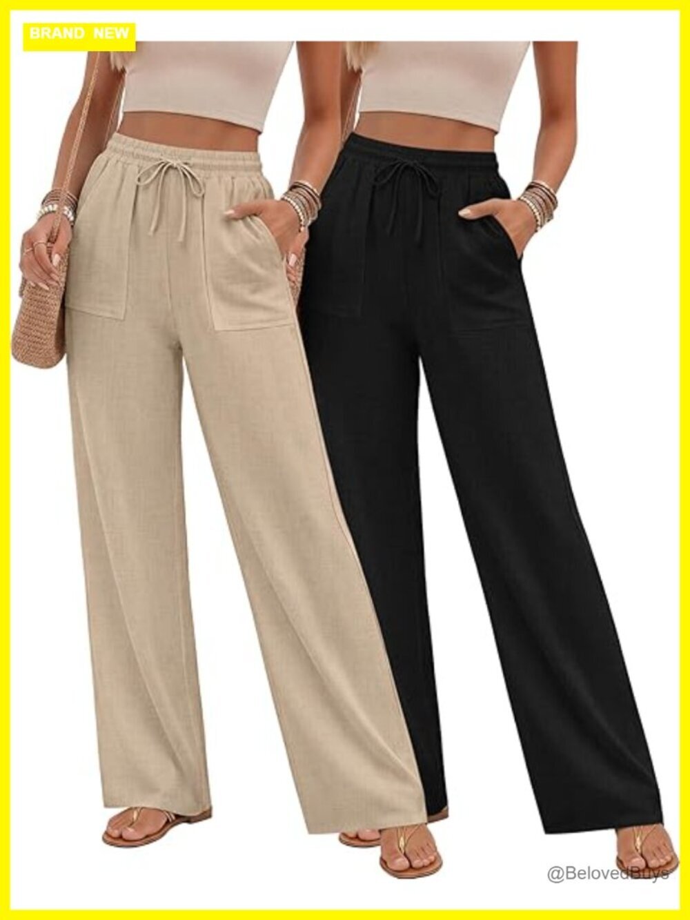 2 Pack Women's Linen Blend Drawstring Elastic Waist Straight Pants